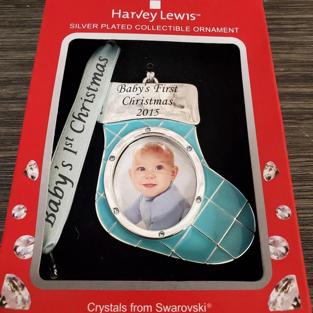 Harvey Lewis Baby First 1st Christmas Enamel Frame Ornament Swarovski Crystals